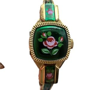 Enamel Floral Green and Gold Women's Wind Mechanism Watch